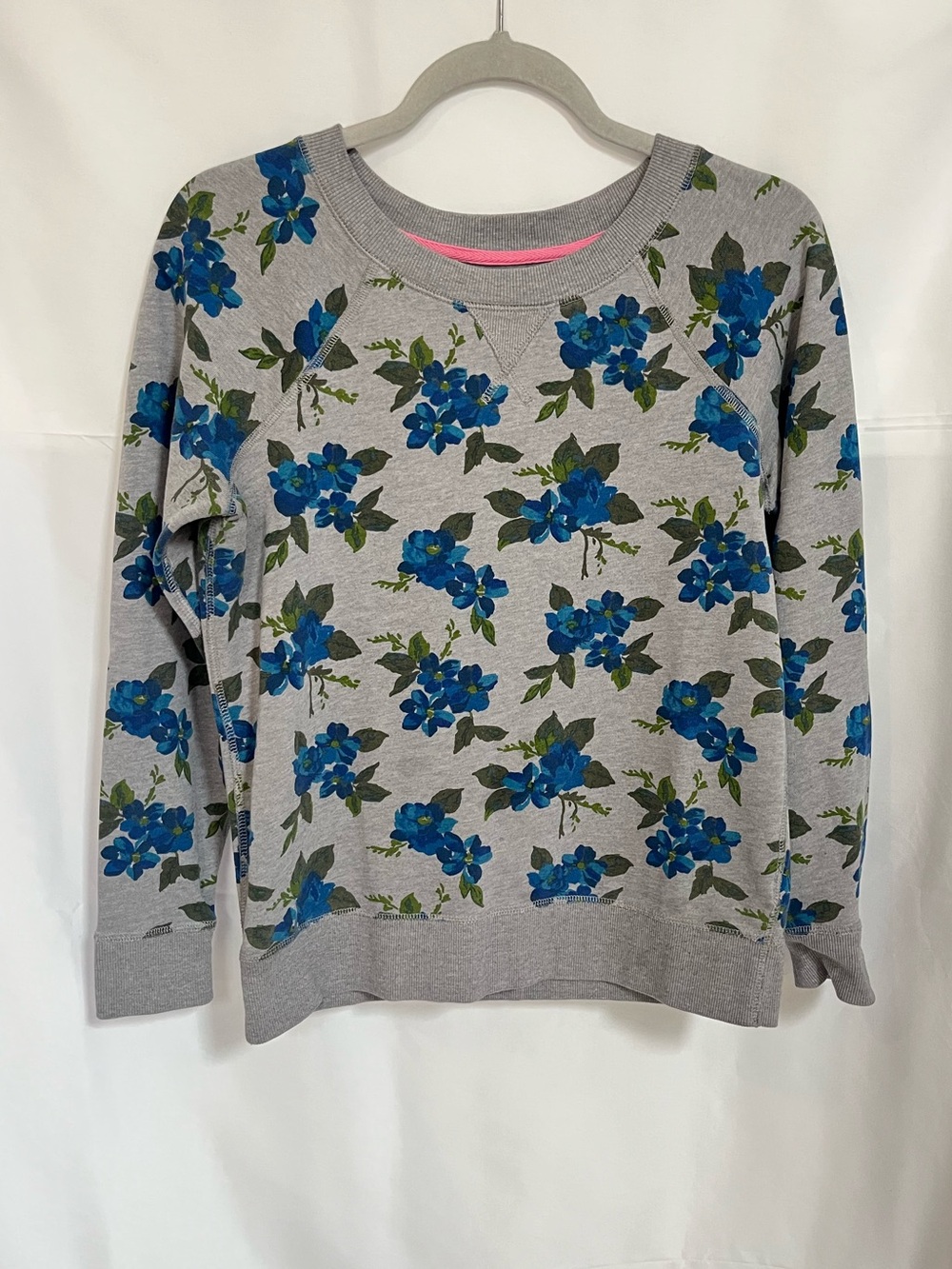 Boden Gray Crewneck Sweater with Blue Floral Print and Pink Trim